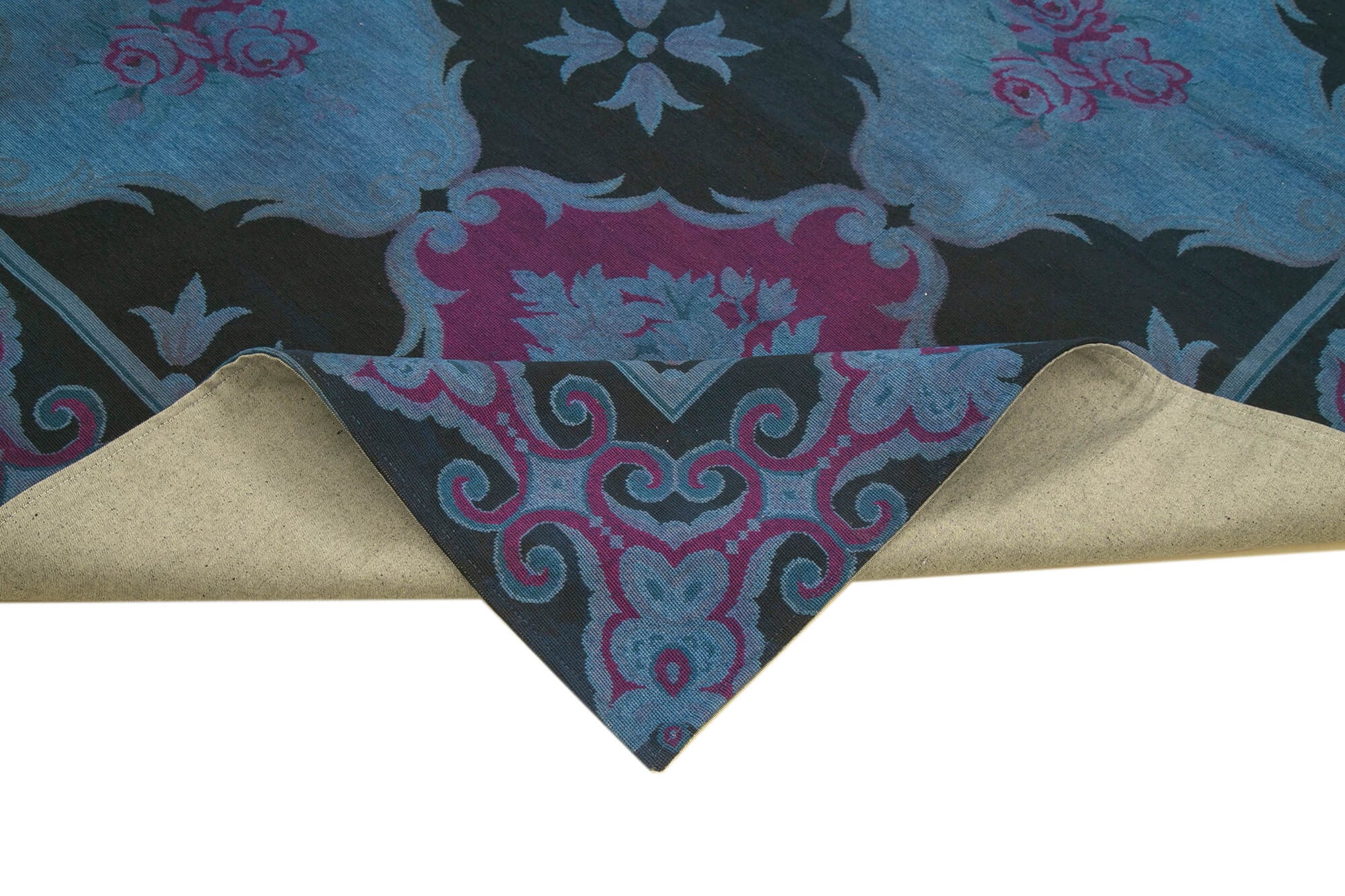 Needlepoint Mavi Çiçekli Pamuk Yün El Dokuma Halısı 251x338 Agacan