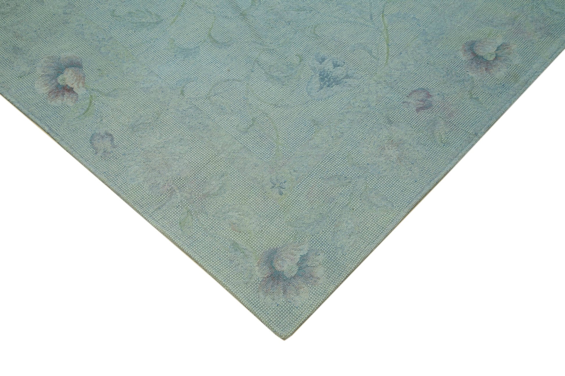 Needlepoint Mavi Çiçekli Pamuk Yün El Dokuma Halısı 247x342 Agacan