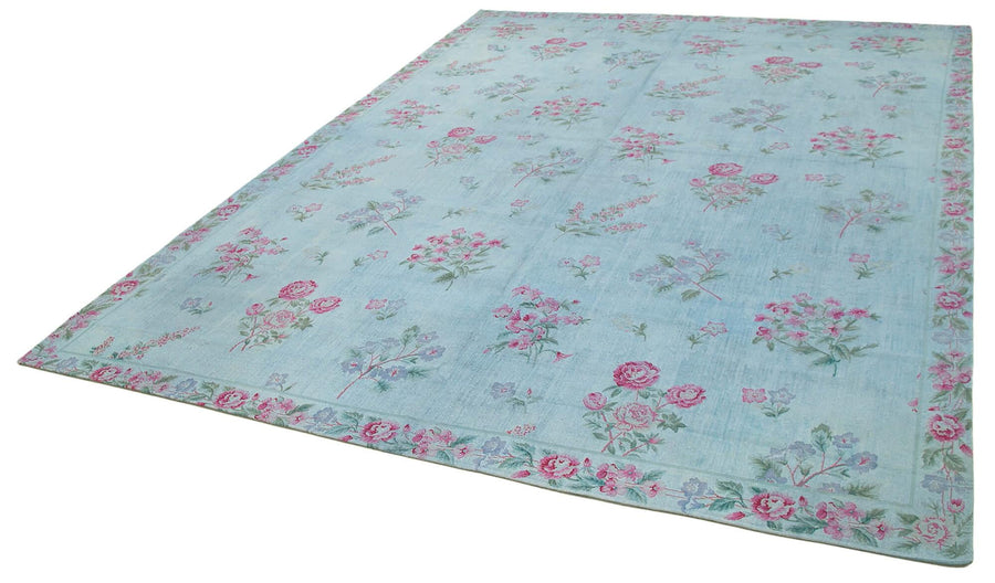 Needlepoint Mavi Çiçekli Pamuk Yün El Dokuma Halısı 250x340 Agacan