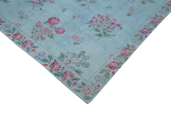 Needlepoint Mavi Çiçekli Pamuk Yün El Dokuma Halısı 250x340 Agacan