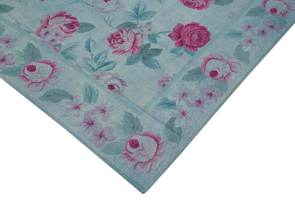 Needlepoint Mavi Çiçekli Pamuk Yün El Dokuma Halısı 250x345 Agacan