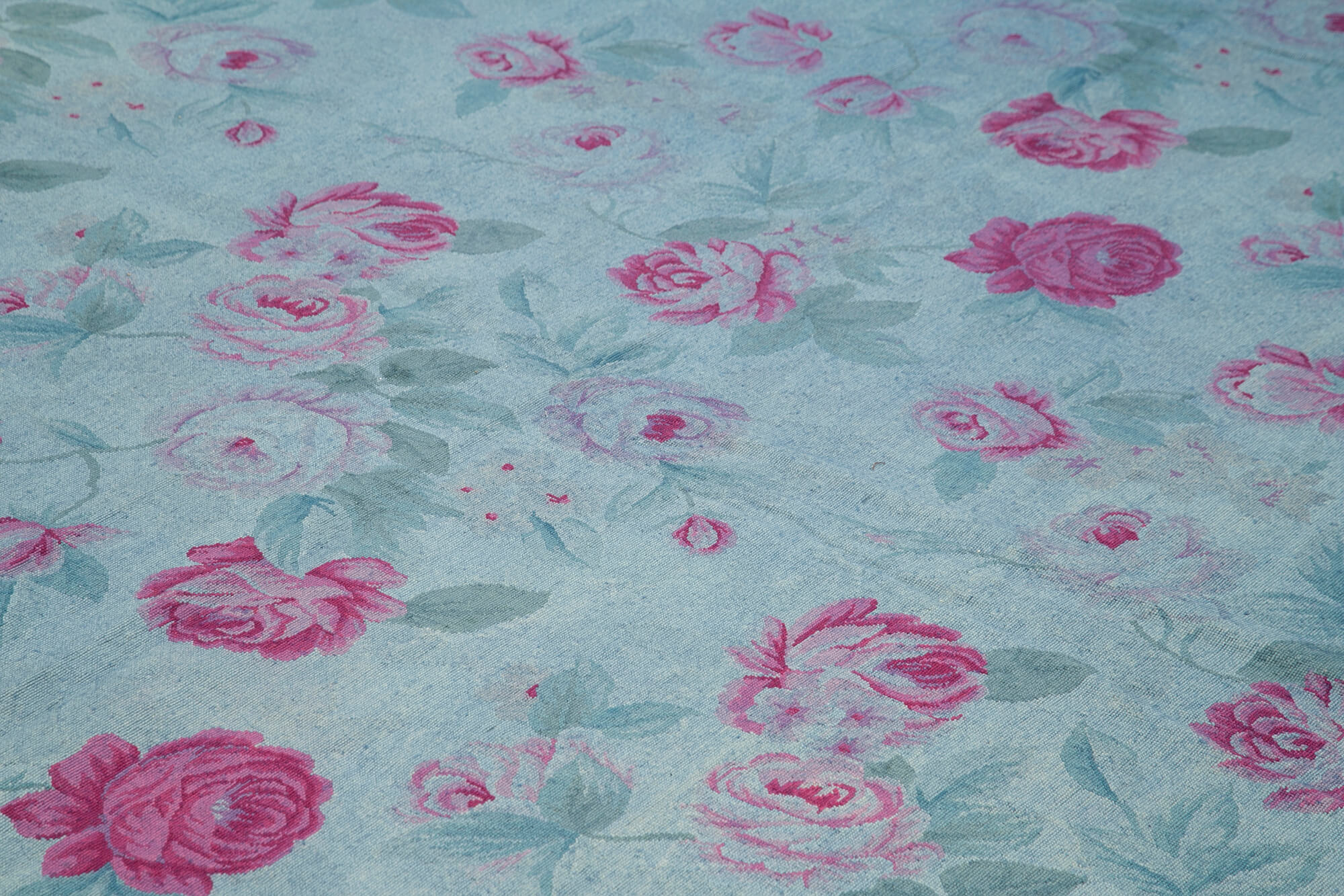 Needlepoint Mavi Çiçekli Pamuk Yün El Dokuma Halısı 250x345 Agacan