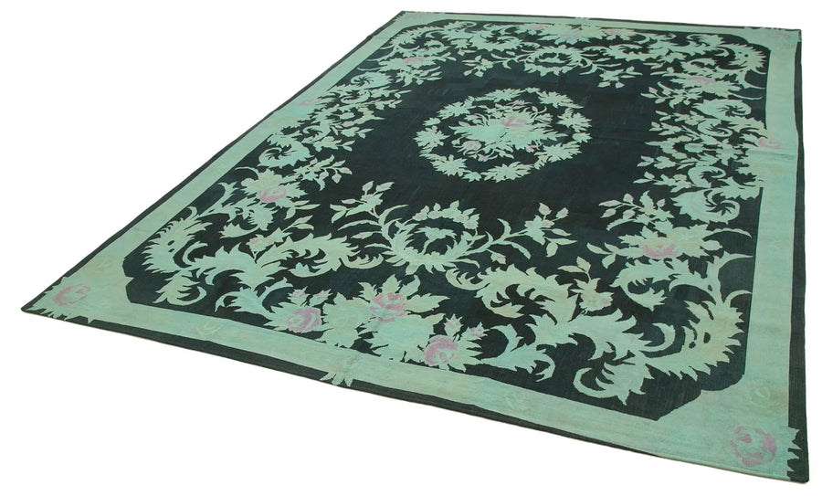 Needlepoint Turkuaz Çiçekli Pamuk Yün El Dokuma Halısı 237x321 Agacan