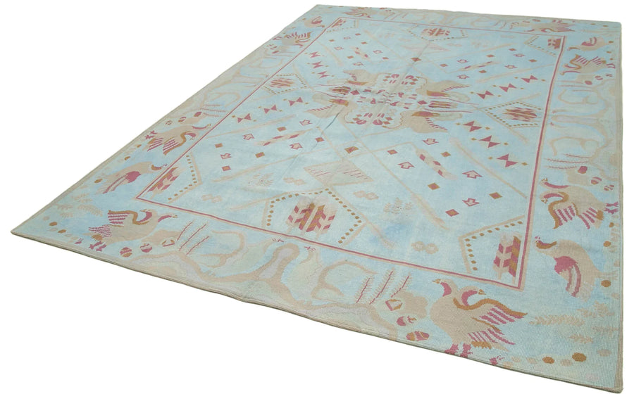 Needlepoint Mavi Çiçekli Pamuk Yün El Dokuma Halısı 238x335 Agacan