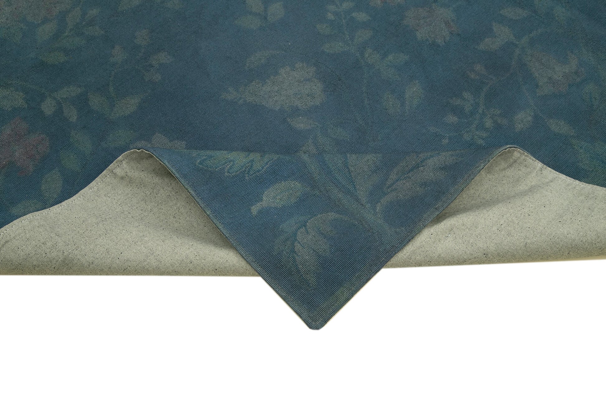 Needlepoint Mavi Çiçekli Pamuk Yün El Dokuma Halısı 253x344 Agacan