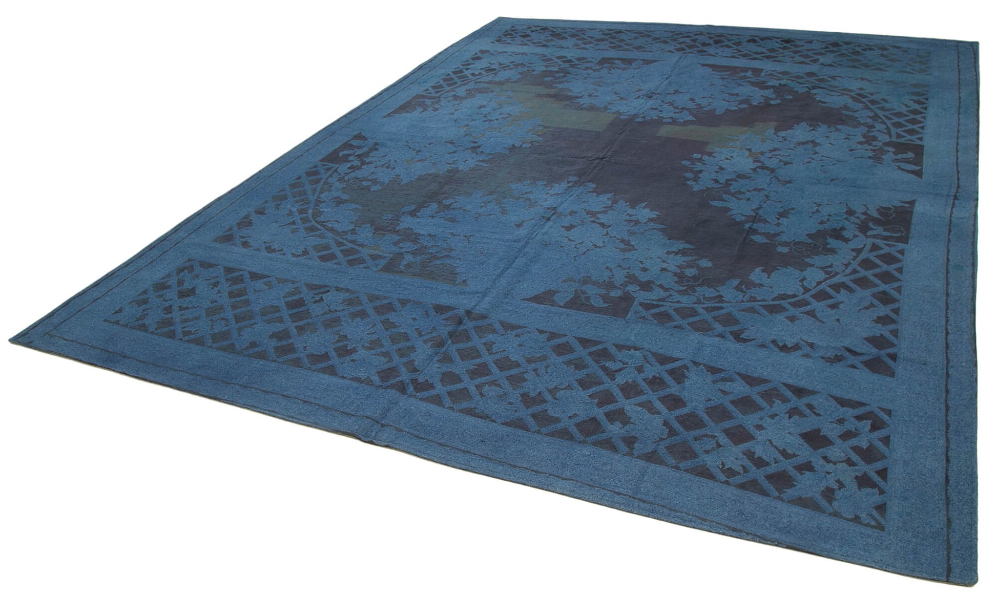 Needlepoint Mavi Çiçekli Pamuk Yün El Dokuma Halısı 283x374 Agacan