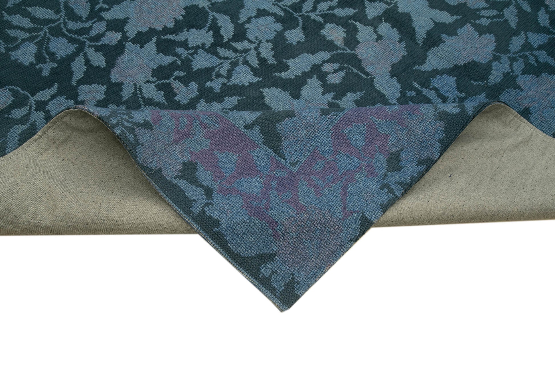 Needlepoint Mavi Çiçekli Pamuk Yün El Dokuma Halısı 292x395 Agacan