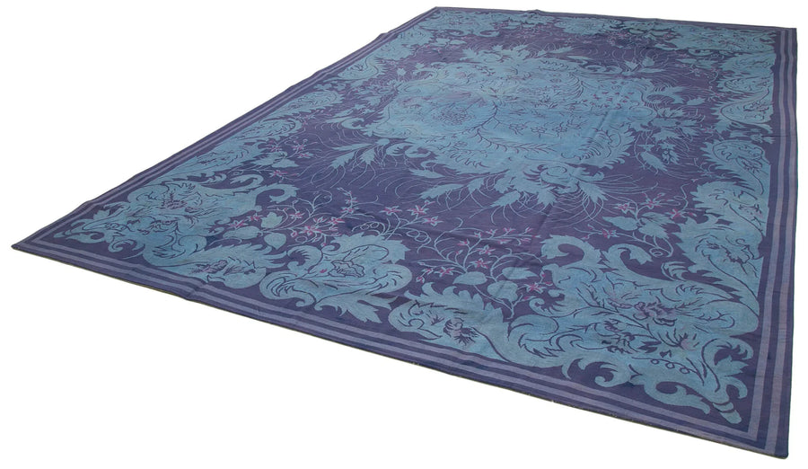Needlepoint Mavi Çiçekli Pamuk Yün El Dokuma Halısı 308x446 Agacan