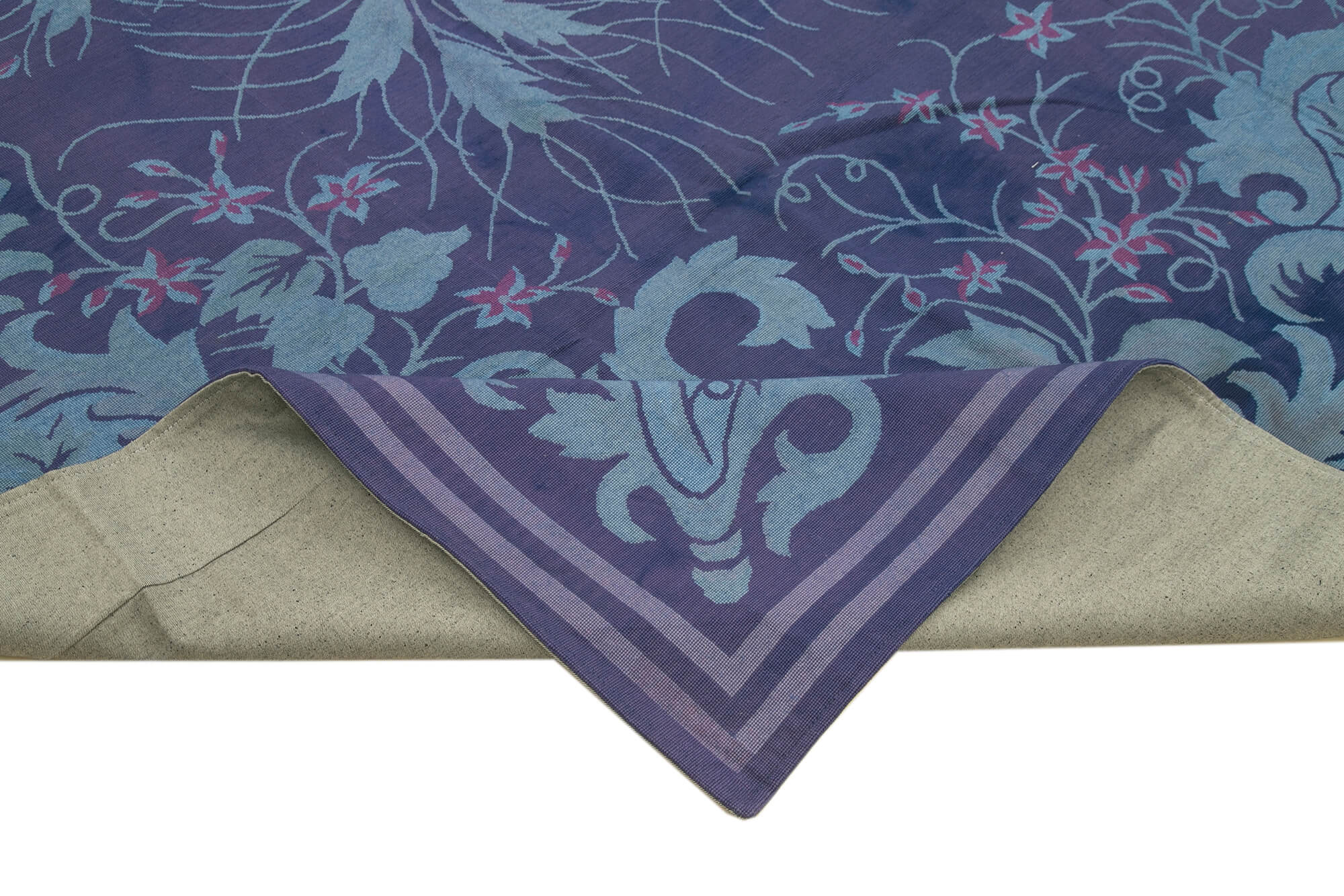 Needlepoint Mavi Çiçekli Pamuk Yün El Dokuma Halısı 308x446 Agacan