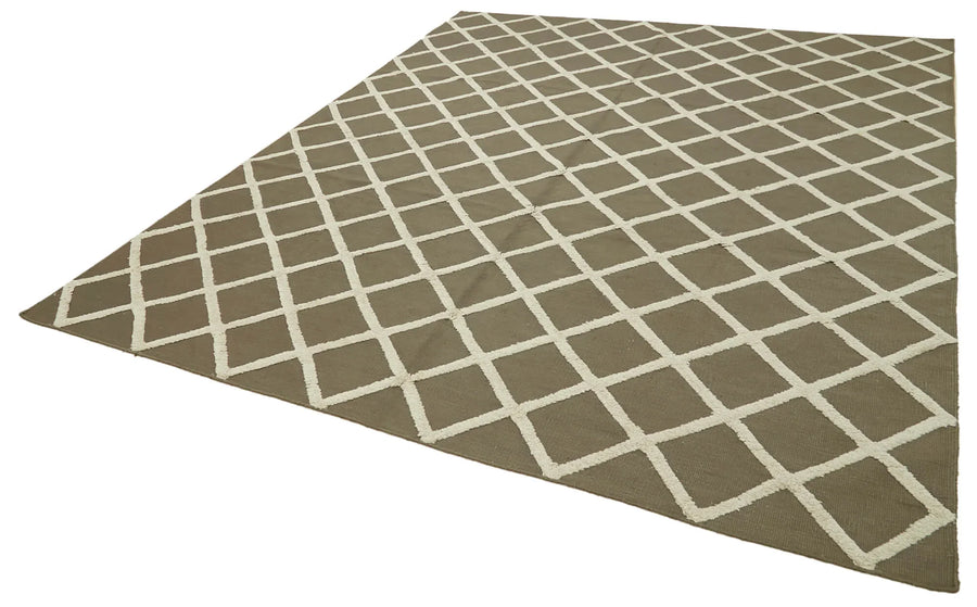 Nepal Geometric Kahverengi Geometrik Yün Pamuk El Dokuma Halısı 246x305 Agacan