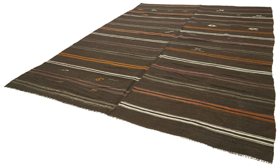 Striped Kilim Kahverengi Çizgili Keçi Tüyü El Dokuma Halısı 264x353 Agacan