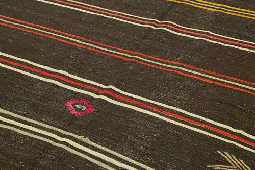 Striped Kilim Kahverengi Çizgili Keçi Tüyü El Dokuma Halısı 211x346 Agacan