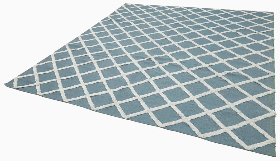 Nepal Geometric Mavi Geometrik Yün Pamuk El Dokuma Halısı 244x305 Agacan