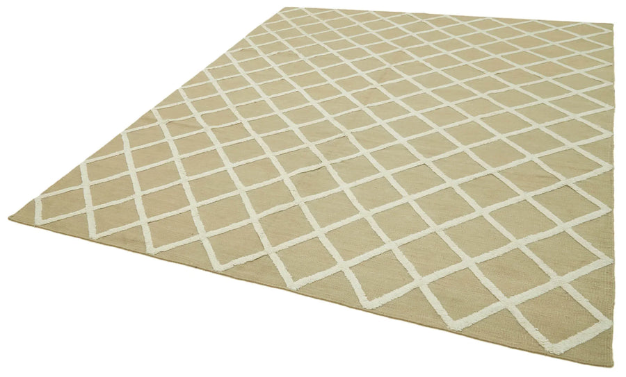 Nepal Geometric Bej Geometrik Yün Pamuk El Dokuma Halısı 244x305 Agacan