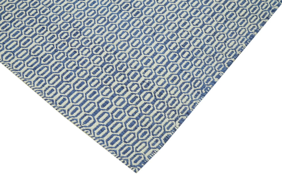 Blue and Cream Geometric Non-Slip Nepal Kilim Rug 246x305 cm (8'1" x 10') – in the hallway