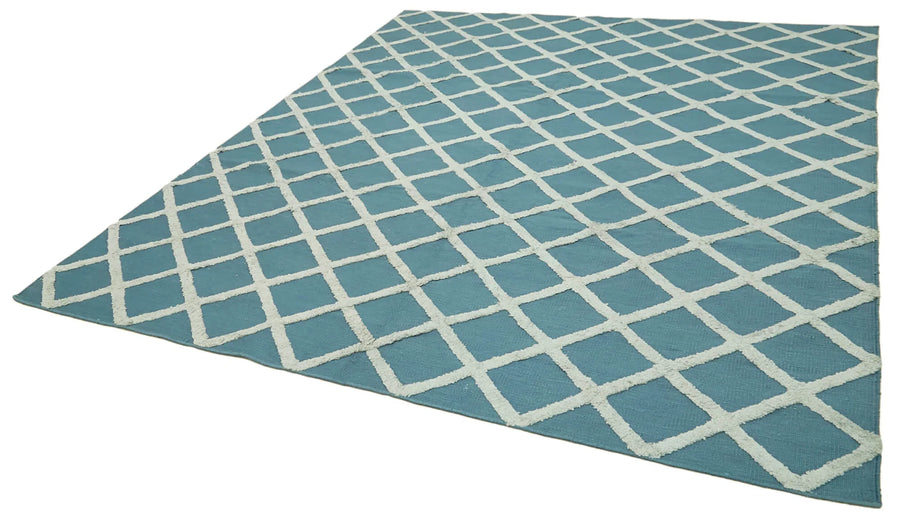 Nepal Geometric Mavi Geometrik Yün Pamuk El Dokuma Halısı 246x305 Agacan