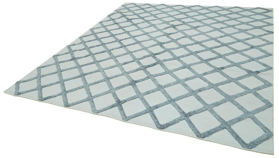 Nepal Geometric Mavi Geometrik Yün Pamuk El Dokuma Halısı 244x305 Agacan
