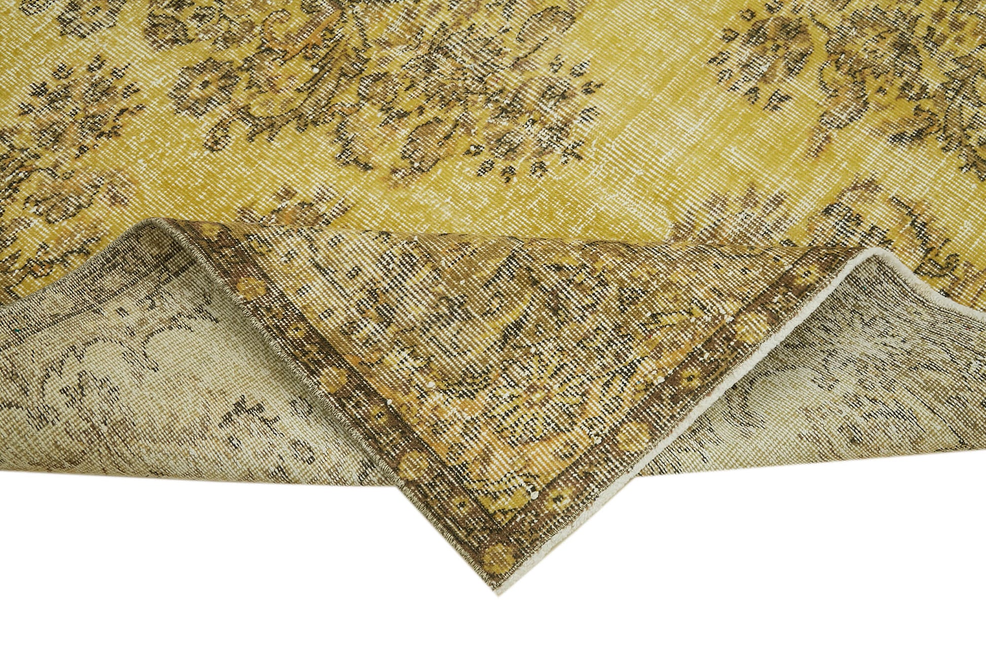 Overdyed Vintage Sarı Eskitme Pamuk Yün El Dokuma Halısı 167x225 Agacan