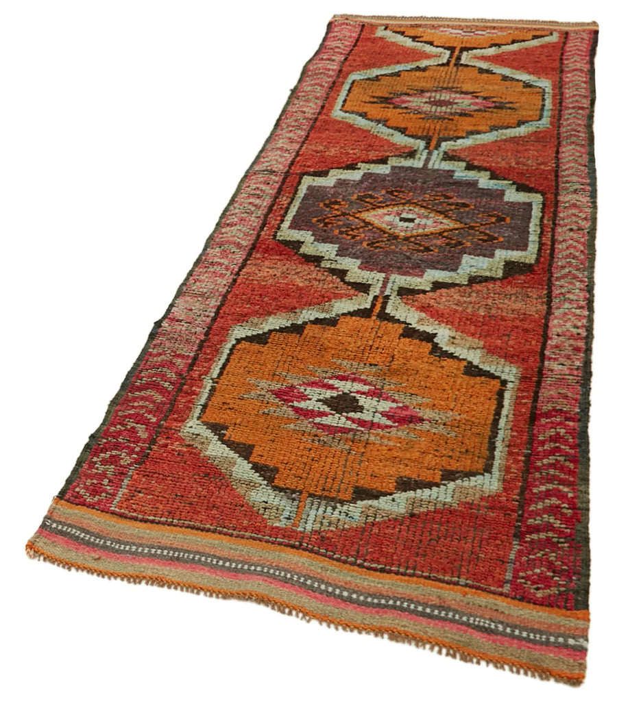 Vintage Herki Turuncu Eskitme Pamuk Yün El Dokuma Halısı 96x313 Agacan