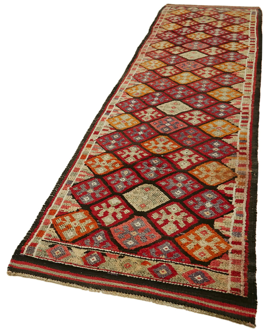Vintage Herki Kırmızı Eskitme Pamuk Yün El Dokuma Halısı 90x424 Agacan