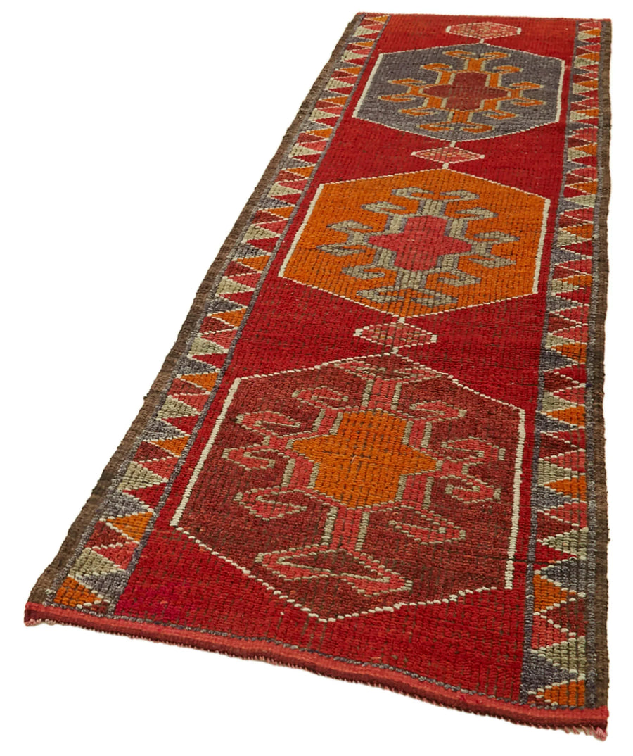 Vintage Herki Kırmızı Eskitme Pamuk Yün El Dokuma Halısı 95x305 Agacan