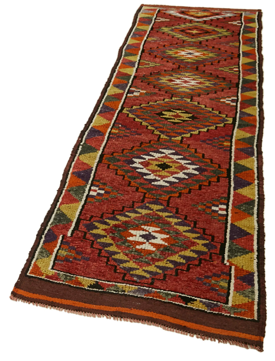 Vintage Herki Kırmızı Eskitme Pamuk Yün El Dokuma Halısı 86x354 Agacan