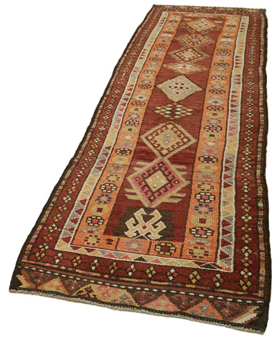 Vintage Herki Kırmızı Eskitme Pamuk Yün El Dokuma Halısı 92x403 Agacan