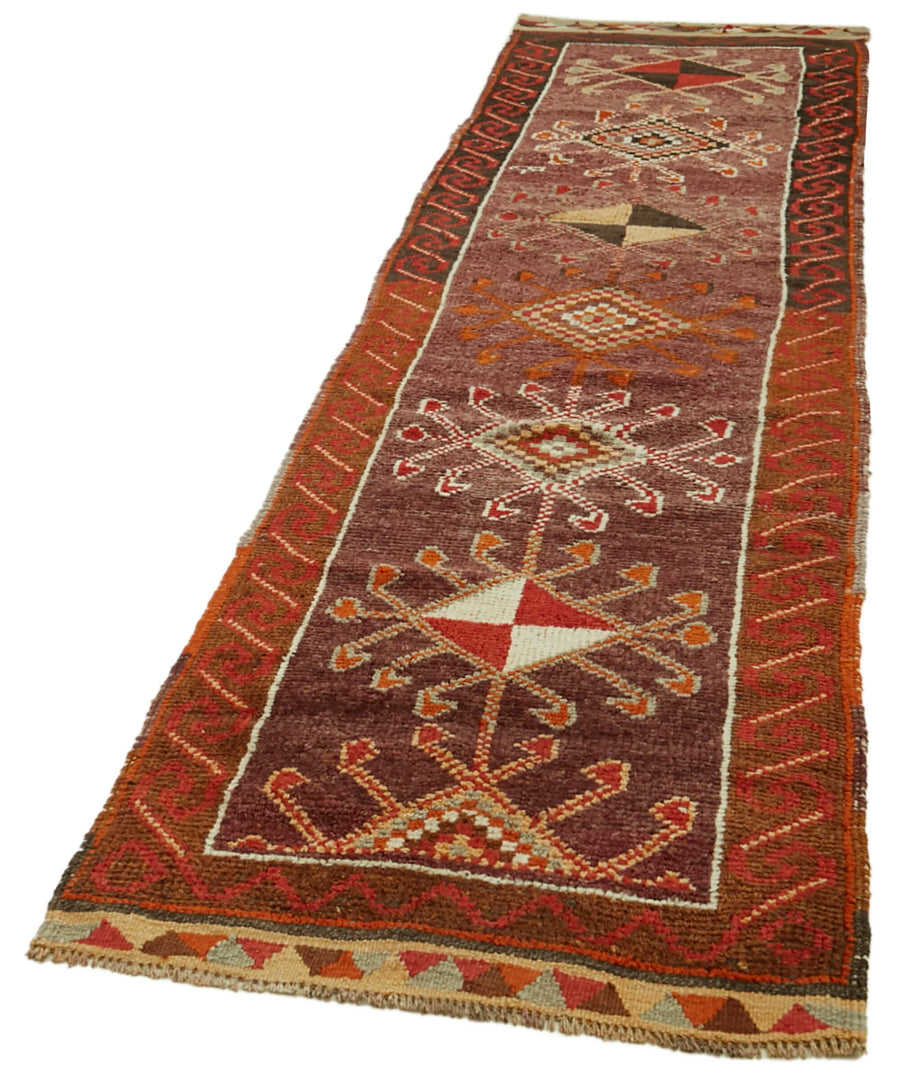 Vintage Herki Kırmızı Eskitme Pamuk Yün El Dokuma Halısı 86x386 Agacan