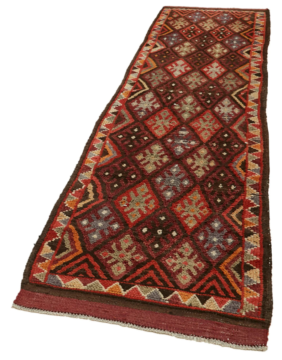 Vintage Herki Kırmızı Eskitme Pamuk Yün El Dokuma Halısı 90x360 Agacan
