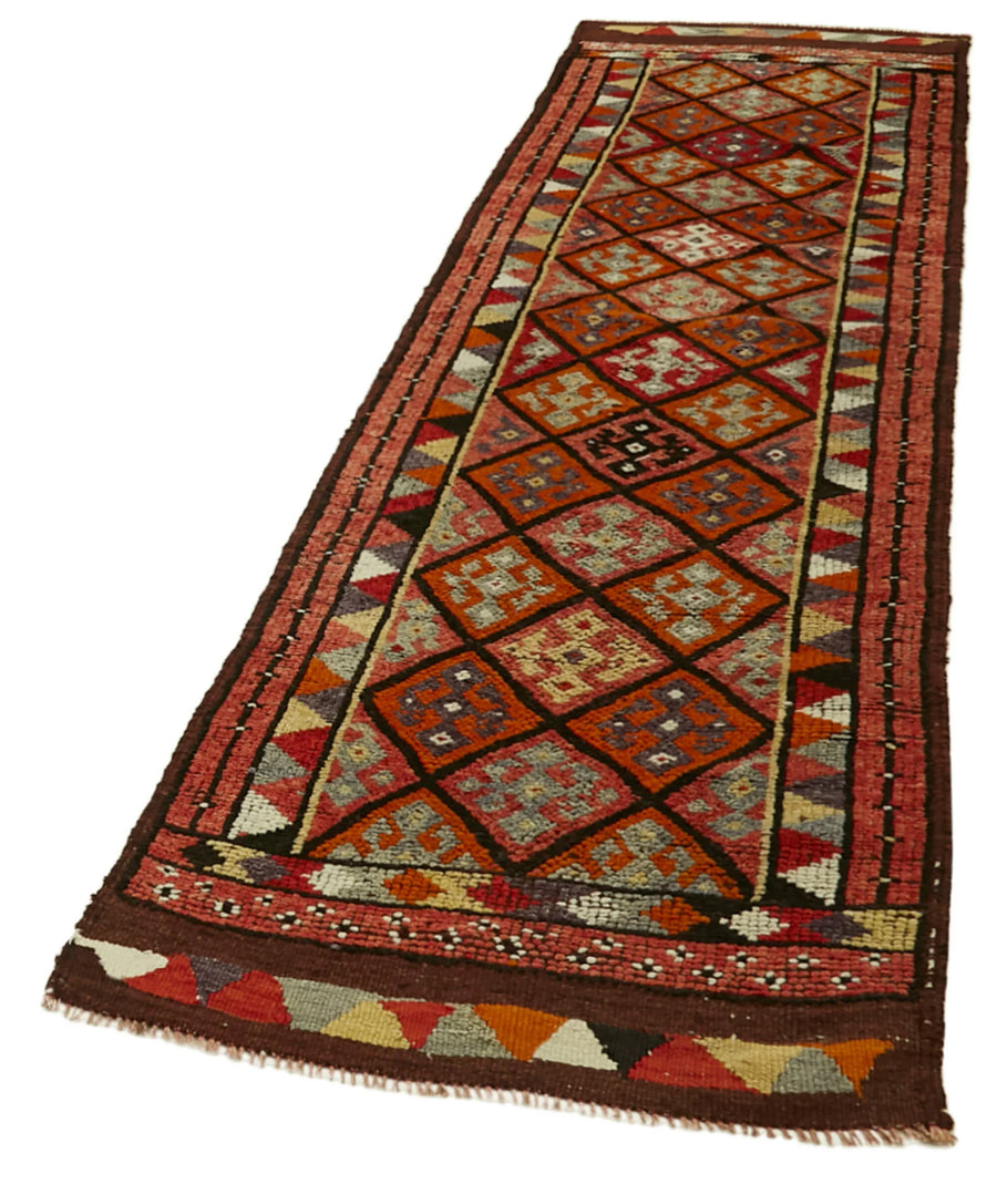 Vintage Herki Kırmızı Eskitme Pamuk Yün El Dokuma Halısı 90x332 Agacan