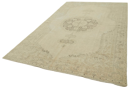 Vintage Bej Eskitme Pamuk Yün El Dokuma Halısı 199x306 Agacan