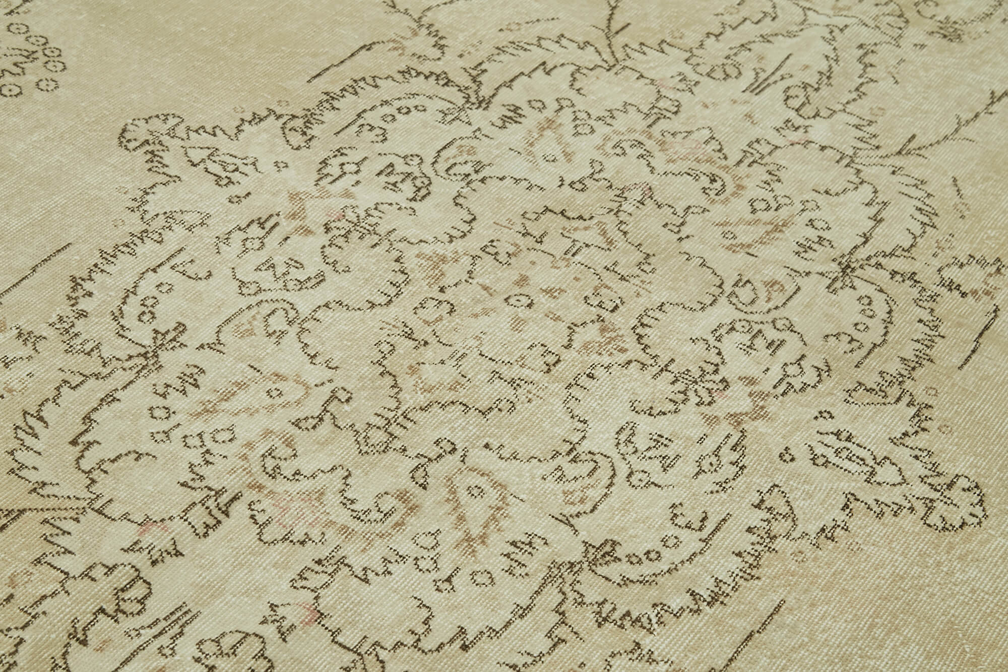 Vintage Bej Eskitme Pamuk Yün El Dokuma Halısı 206x313 Agacan