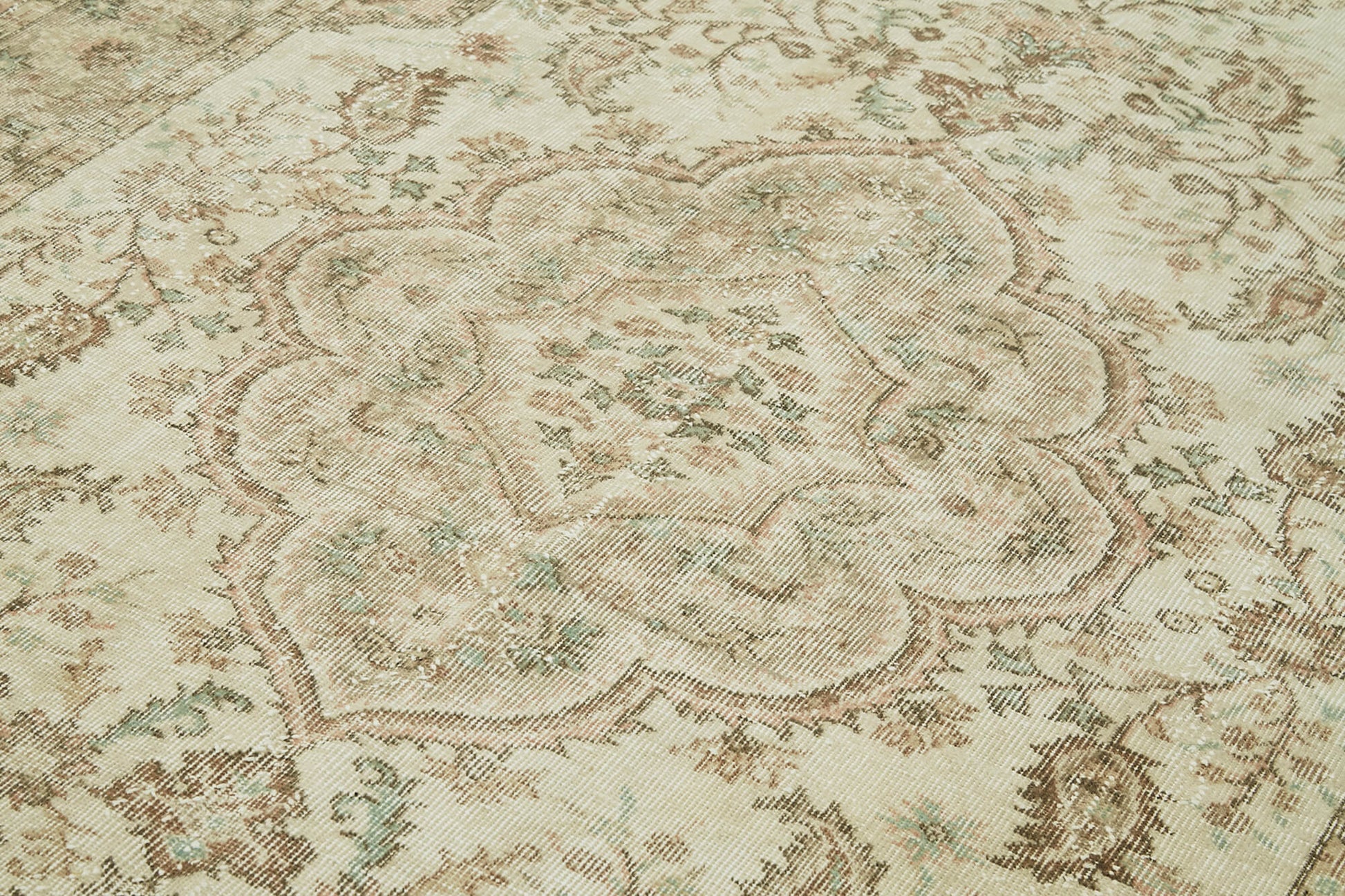 Vintage Bej Eskitme Pamuk Yün El Dokuma Halısı 193x287 Agacan