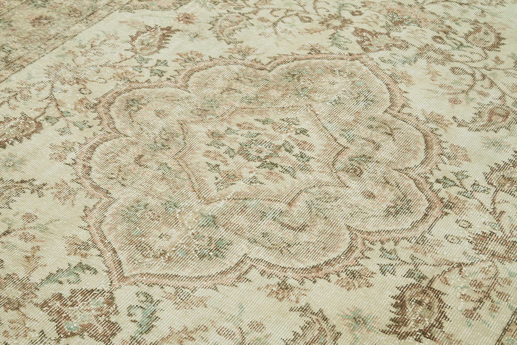 Vintage Bej Eskitme Pamuk Yün El Dokuma Halısı 193x287 Agacan