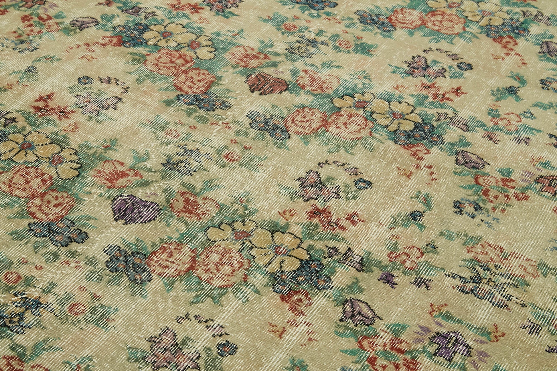 Vintage Bej Eskitme Pamuk Yün El Dokuma Halısı 210x295 Agacan