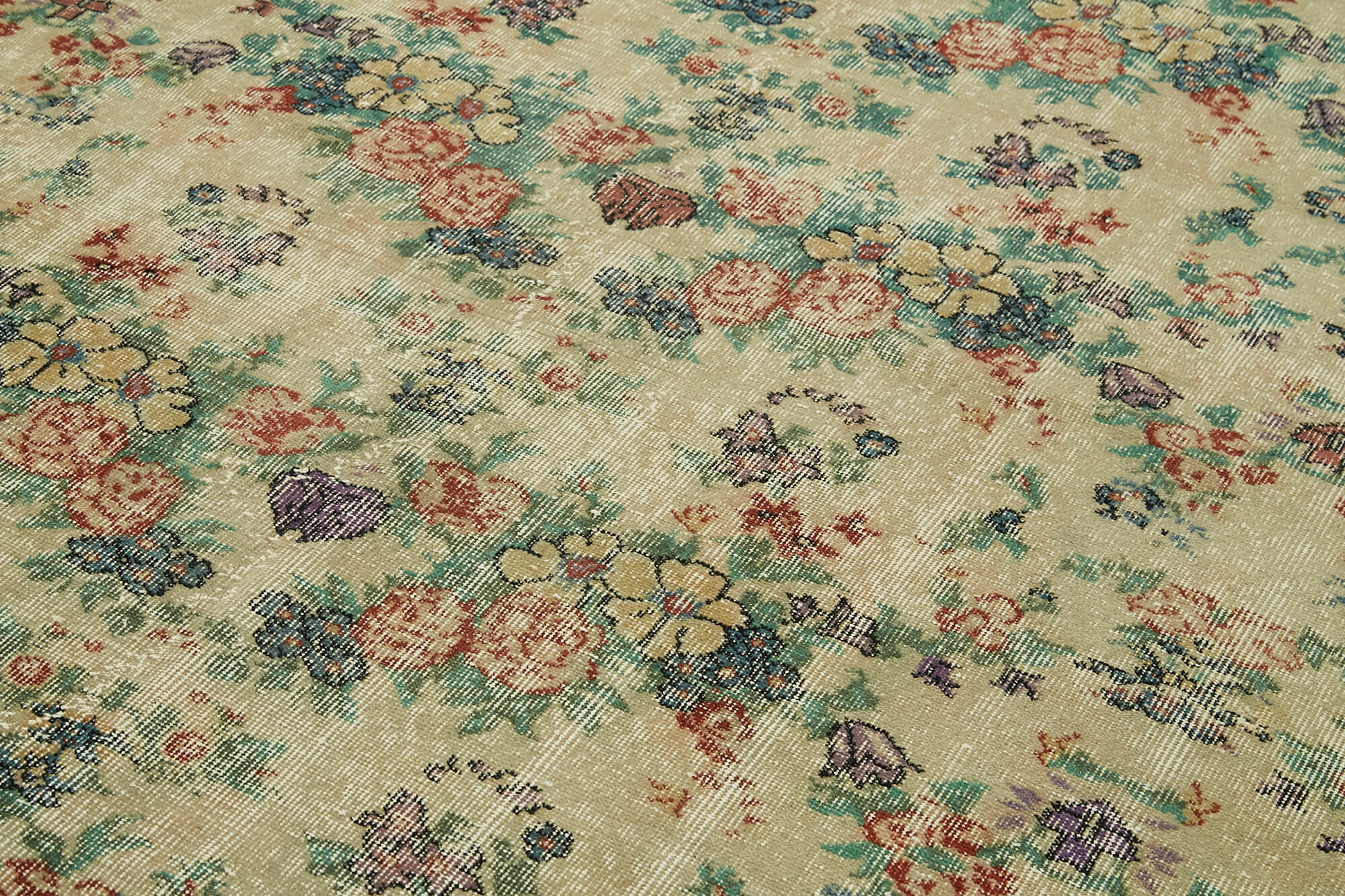 Vintage Bej Eskitme Pamuk Yün El Dokuma Halısı 210x295 Agacan