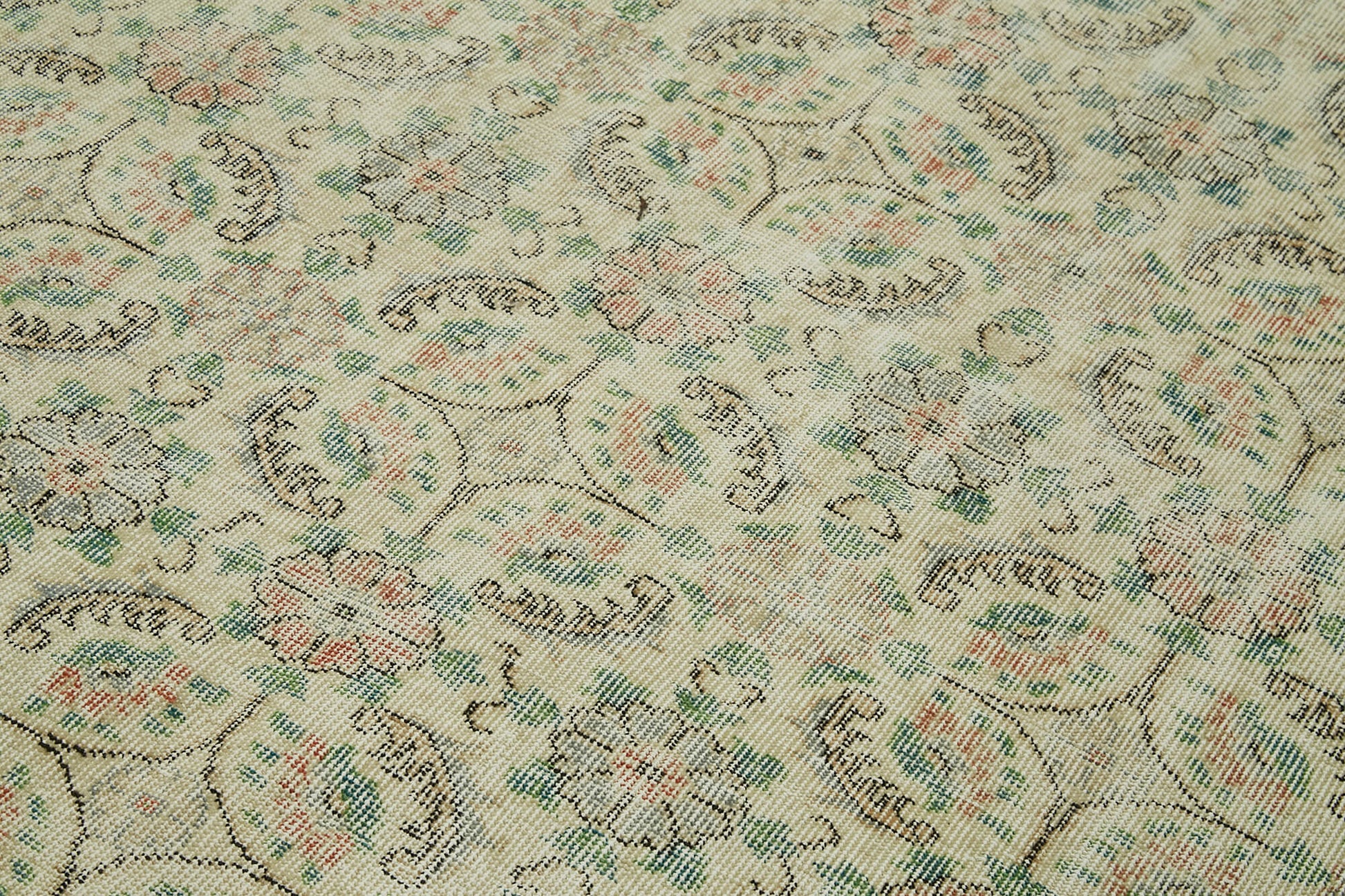 Vintage Bej Eskitme Pamuk Yün El Dokuma Halısı 188x295 Agacan