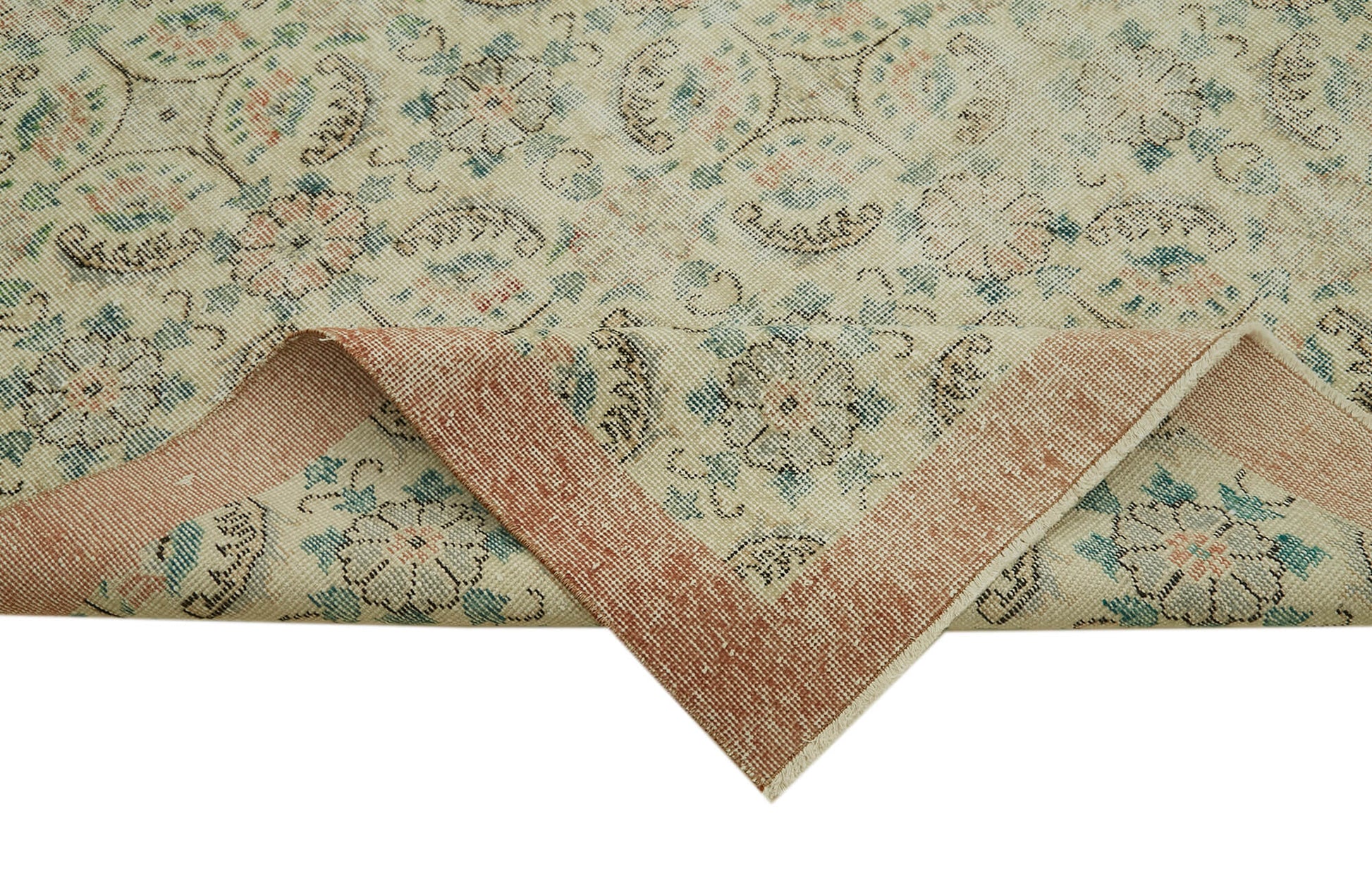 Vintage Bej Eskitme Pamuk Yün El Dokuma Halısı 188x295 Agacan