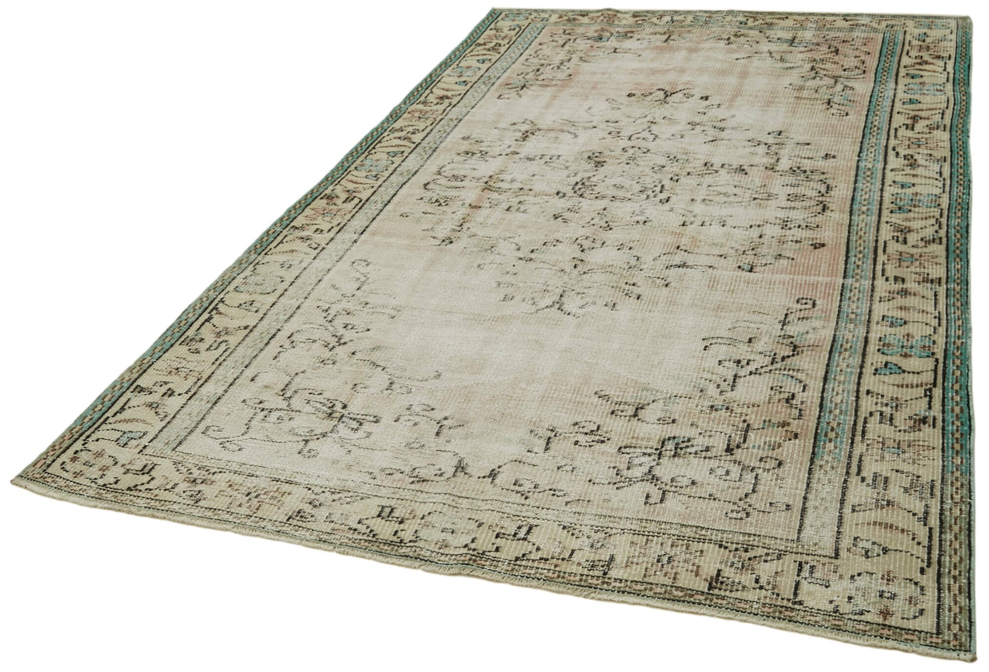 Vintage Bej Eskitme Pamuk Yün El Dokuma Halısı 166x277 Agacan