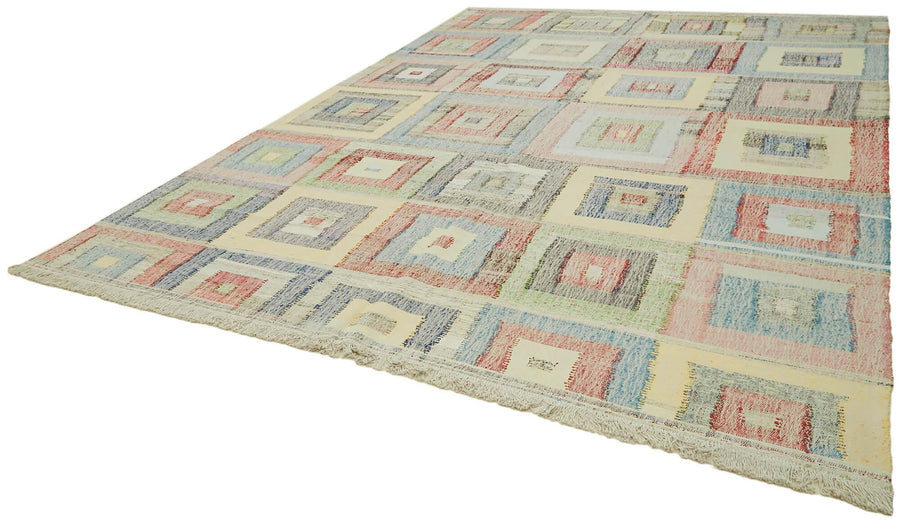 Scrap Bej Geometrik Pamuk Yün El Dokuma Halısı 306x410 Agacan