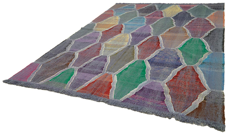 Scrap Mavi Geometrik Pamuk Yün El Dokuma Halısı 261x363 Agacan