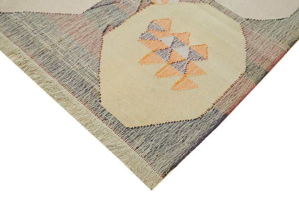 Scrap Bej Geometrik Pamuk Yün El Dokuma Halısı 260x356 Agacan