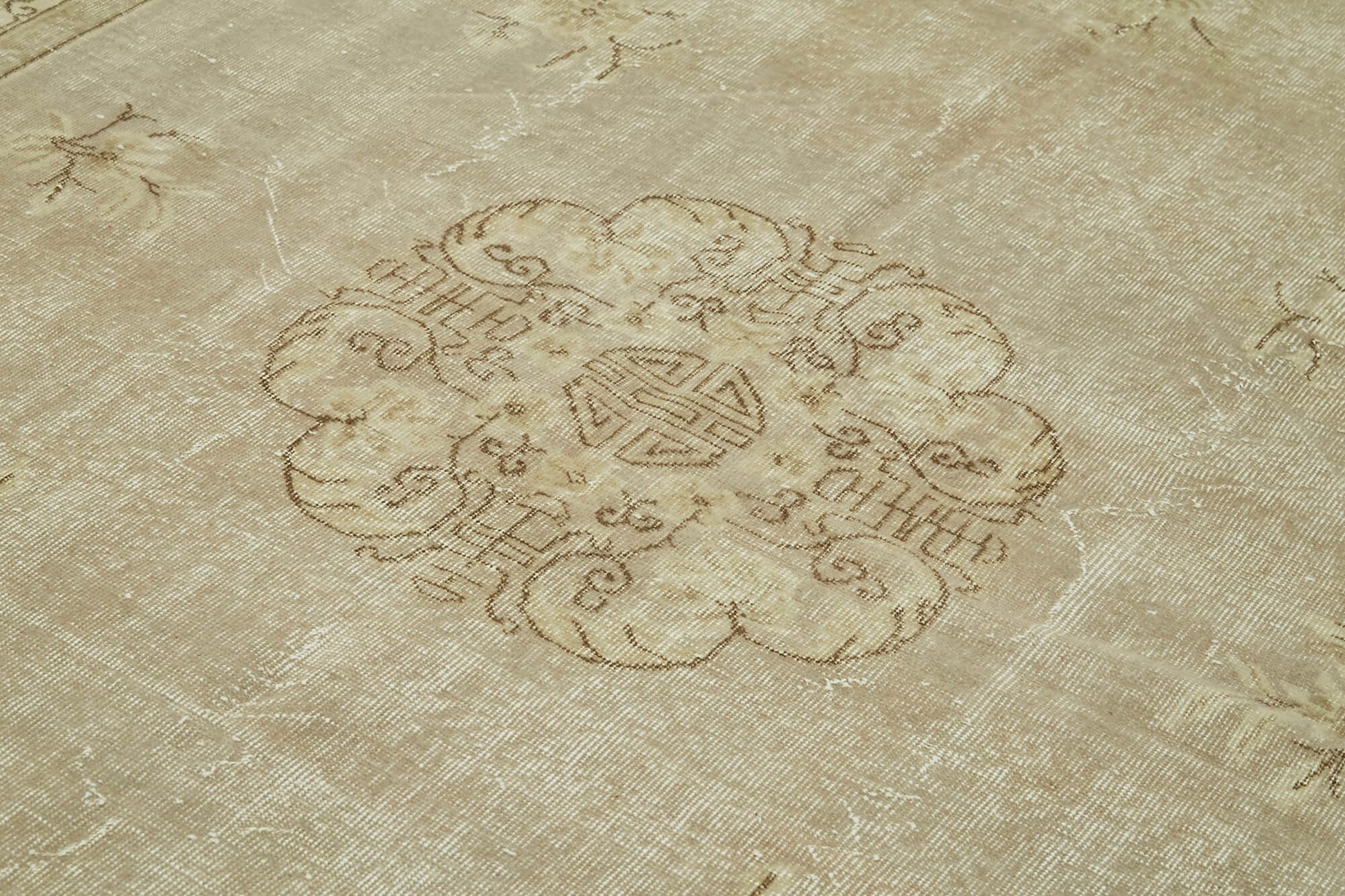 Vintage Bej Eskitme Yün Pamuk El Dokuma Halısı 214x305 Agacan