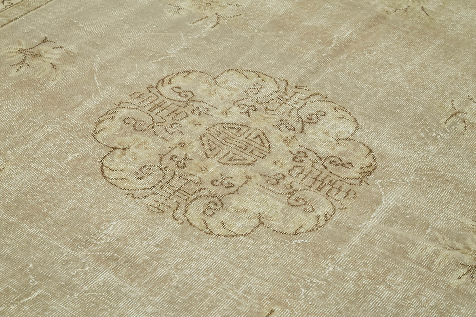 Vintage Bej Eskitme Yün Pamuk El Dokuma Halısı 214x305 Agacan