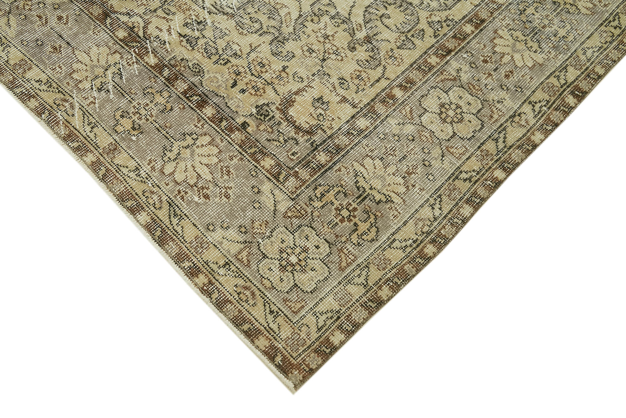 Vintage Bej Eskitme Yün Pamuk El Dokuma Halısı 205x331 Agacan