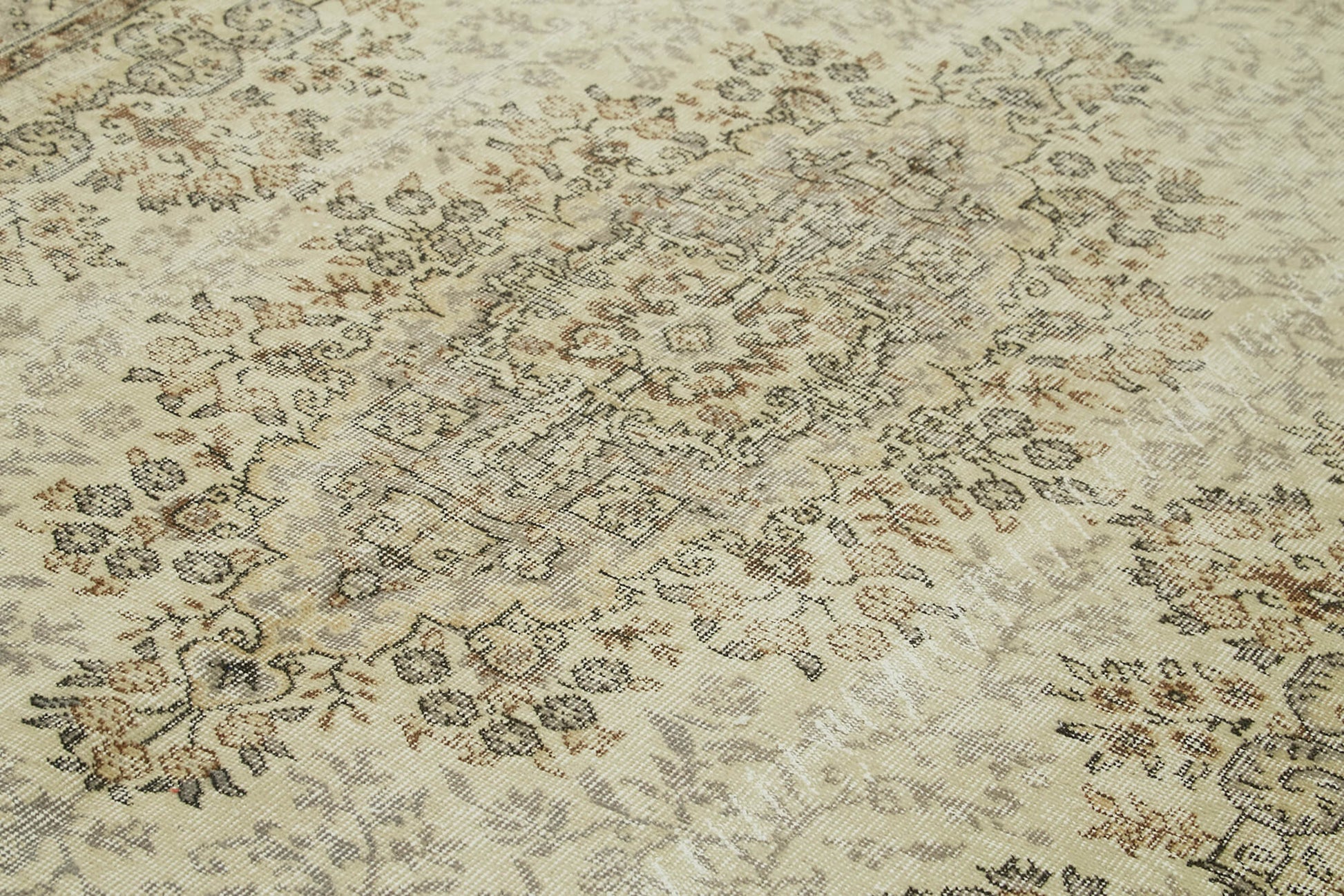 Vintage Bej Eskitme Yün Pamuk El Dokuma Halısı 205x331 Agacan