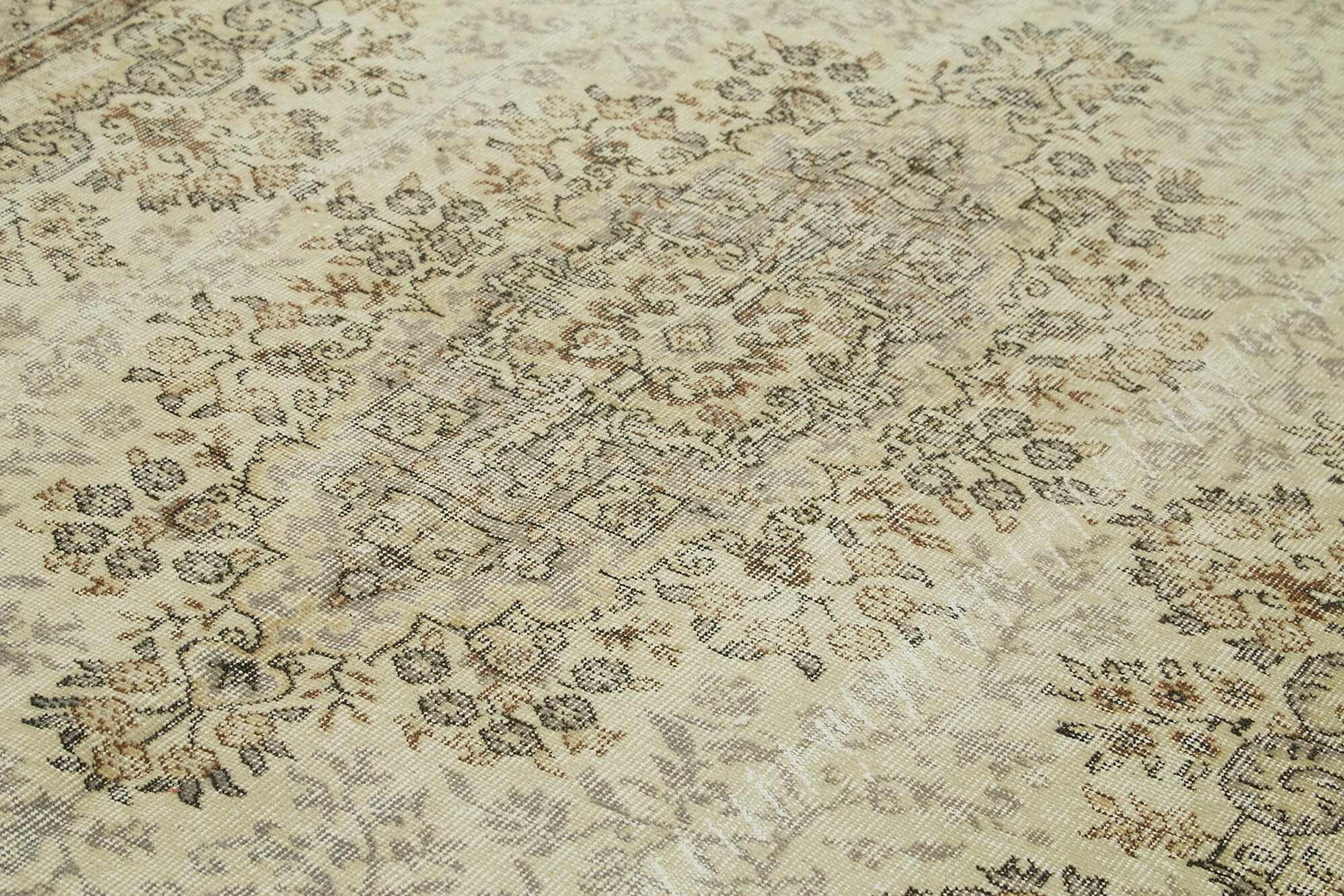 Vintage Bej Eskitme Yün Pamuk El Dokuma Halısı 205x331 Agacan