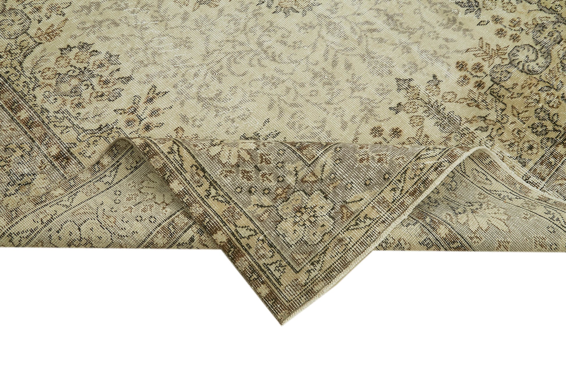 Vintage Bej Eskitme Yün Pamuk El Dokuma Halısı 205x331 Agacan