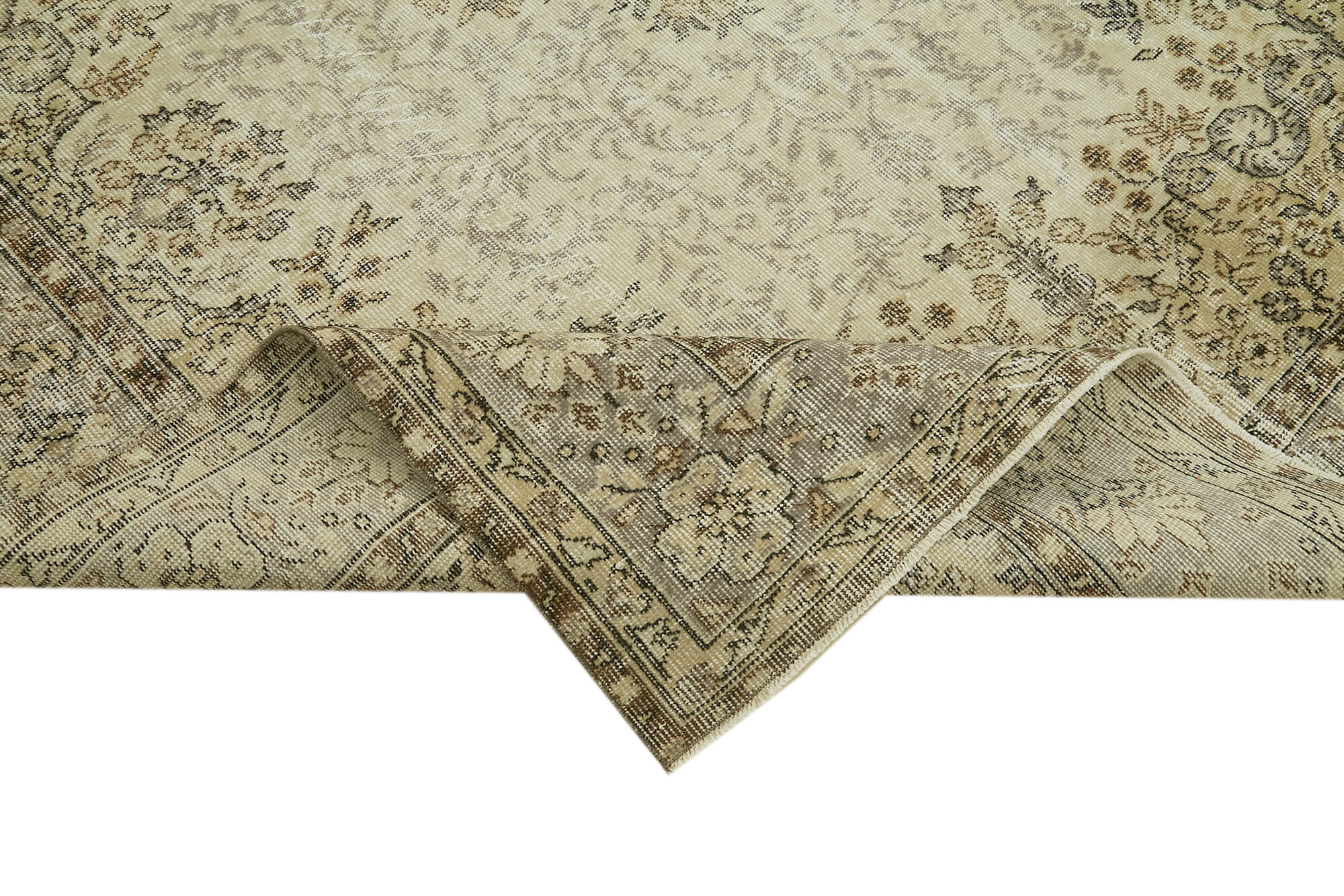 Vintage Bej Eskitme Yün Pamuk El Dokuma Halısı 205x331 Agacan