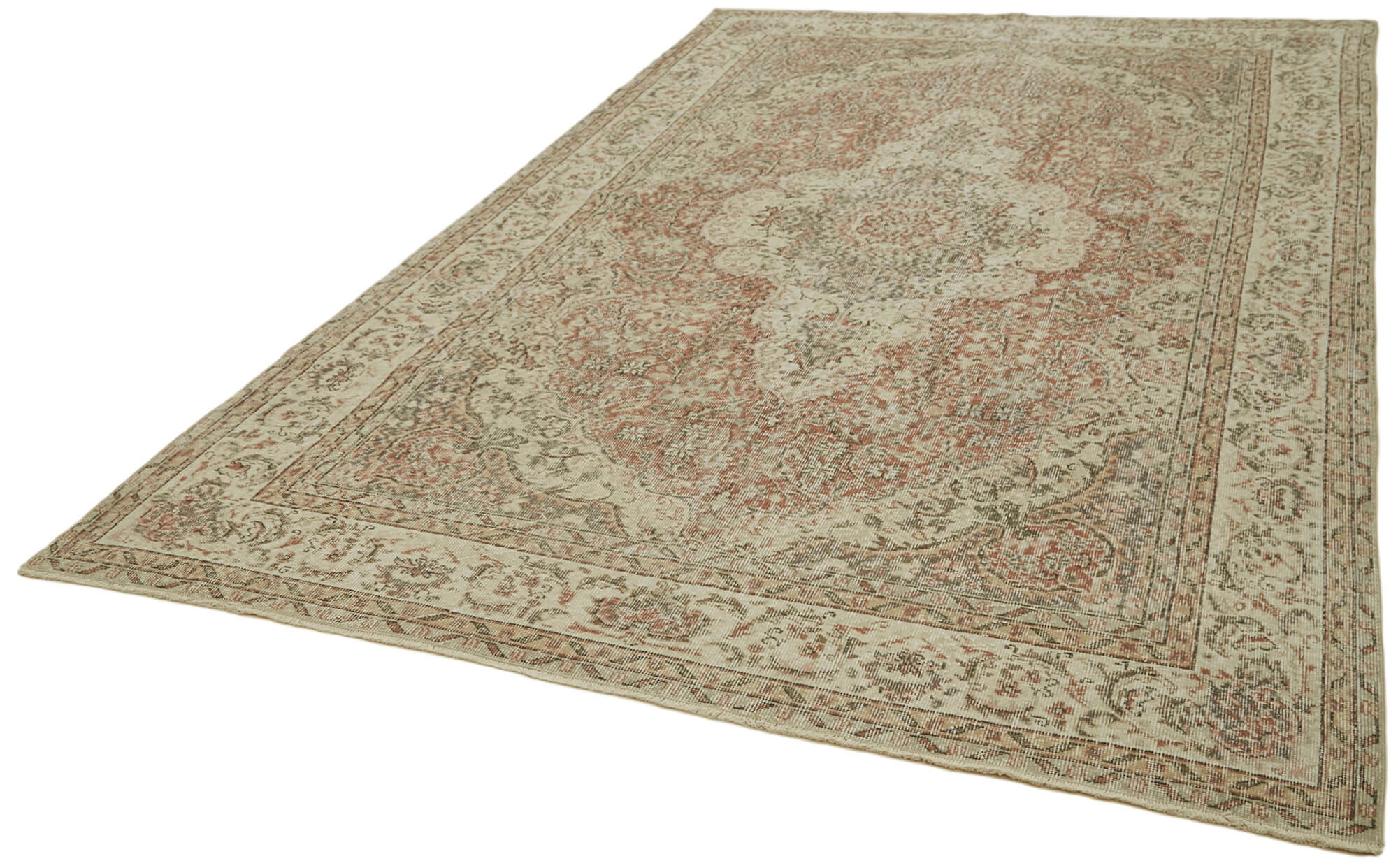 Vintage Bej Eskitme Yün Pamuk El Dokuma Halısı 207x317 Agacan